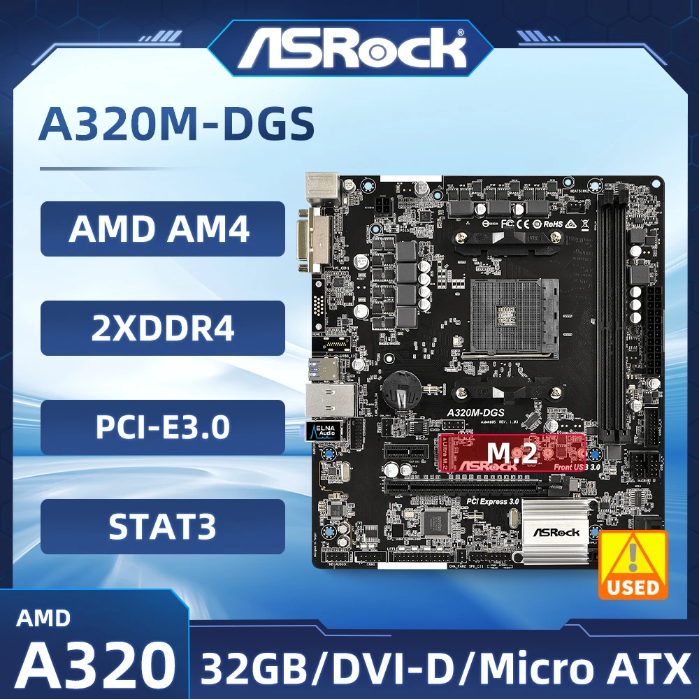 

A320 A320M Motherboard ASROCK A320M-DGS AM4 Motherboard 2xDDR4 32GB M.2 SATA3 USB 3.1 DVI-D Micro ATX For Ryzen 5 5600 cpu