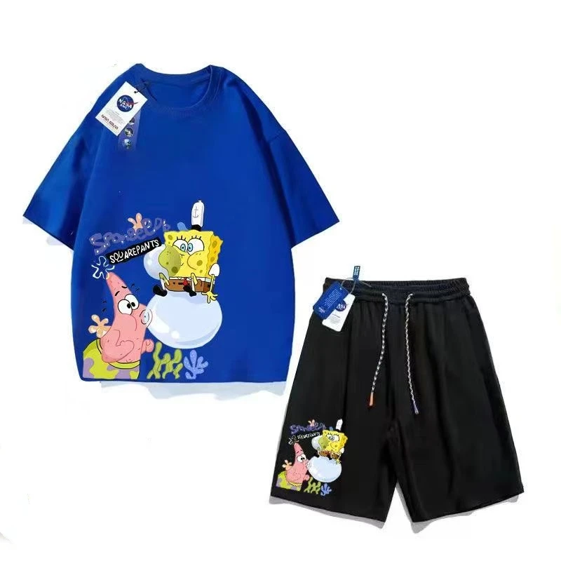 

SpongeBob Children's Clothing Set high quality Summer 100% Cotton Short Sleeve T-shirt Shorts Patrick Star Two Piece Family Set