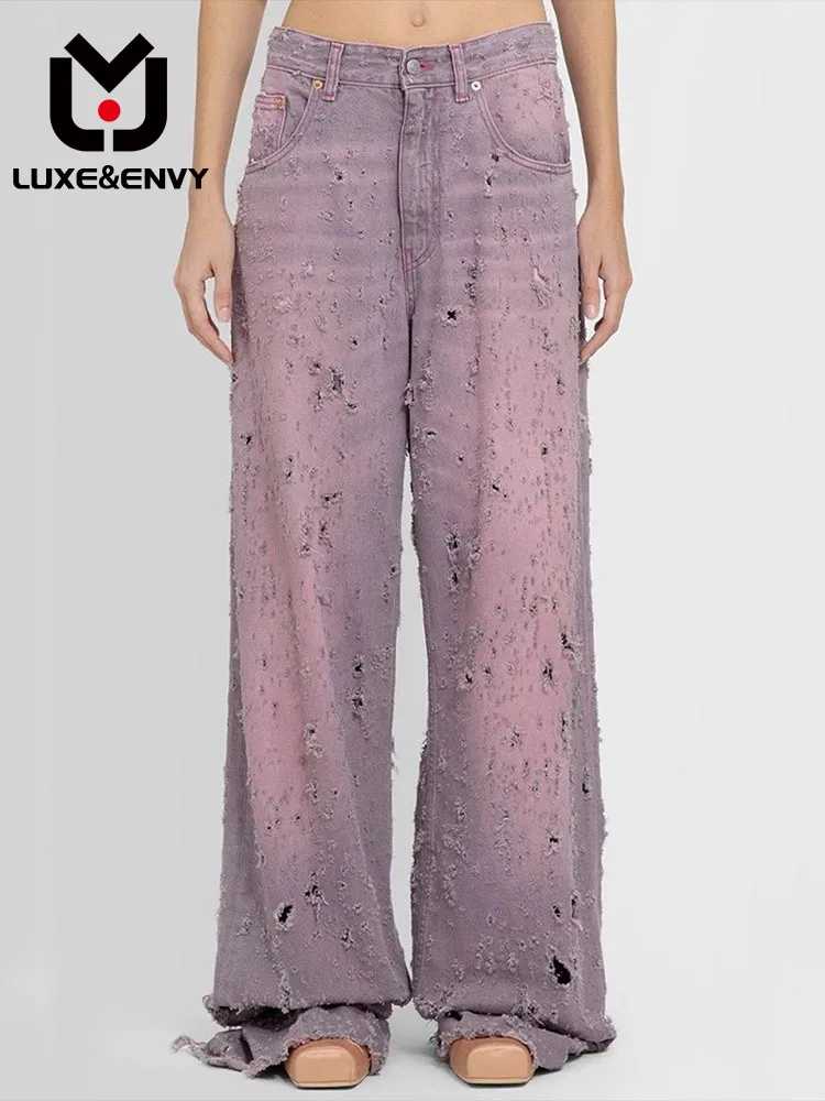 

Роскошные & ENVY модные новые фиолетовые Цветочные прямые облегающие брюки с завышенной талией, джинсы с дырками и эффектом потертости, осень 2023