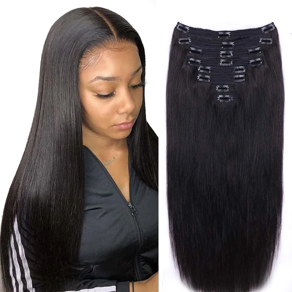 

Прямые натуральные человеческие волосы на клипсе, натуральные накладные волосы для наращивания, бразильские накладные волосы на всю голову с клипсой для женщин, 26 дюймов