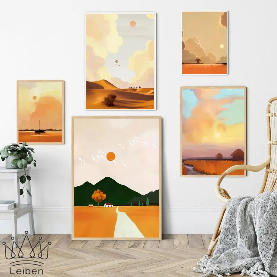 

Abstract Sunset Oil Painting Landscape Canvas Painting Modern Desert Idyllic River Poster Wall Art Picture for Living Room Decor