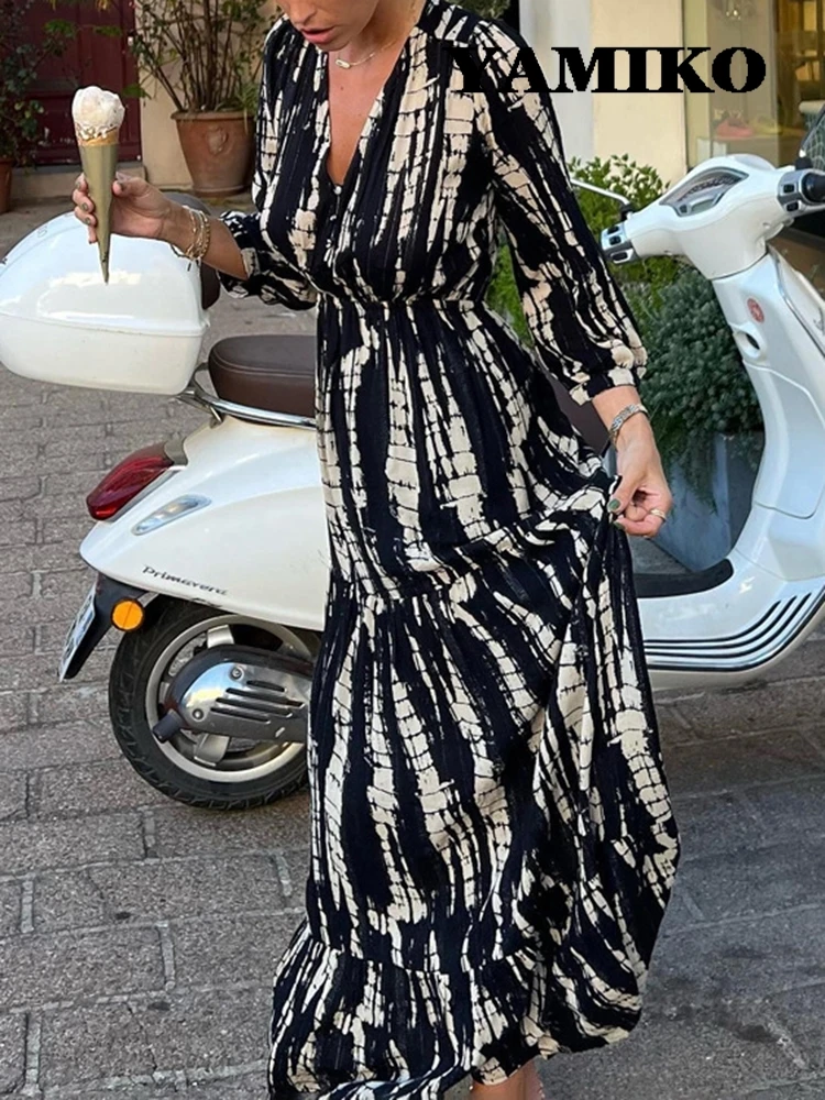 

Ruched Layered Midi Dress Woman V Neck Long Sleeve Backless Tie-dye 2024 Summer Dresses Female Casual Fashion Ladies Robes New