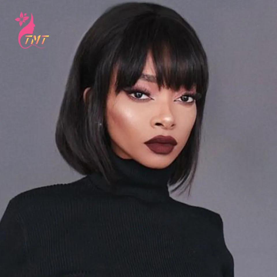 

Straight Short Bob Wigs with Bang Natural Synthetic Hair for Women Daily Pure Black 613 Heat Resistant Fashion Party Cosplay Wig