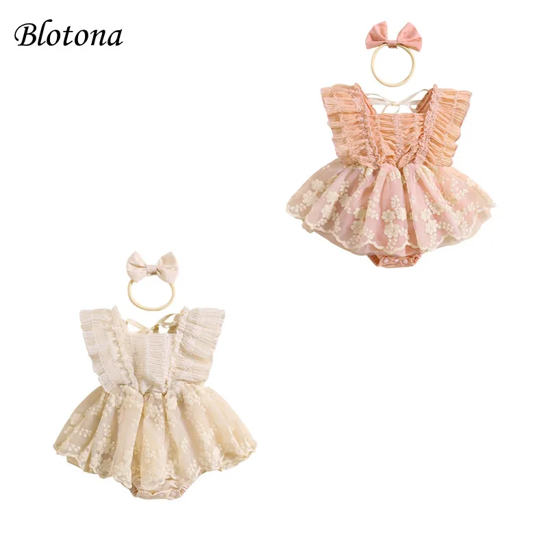 

Blotona Baby Girls Romper Dress Fly Sleeve Lace Flower Embroidery Skirt Hem Infant Bodysuits Summer Clothes with Headband 0-24M