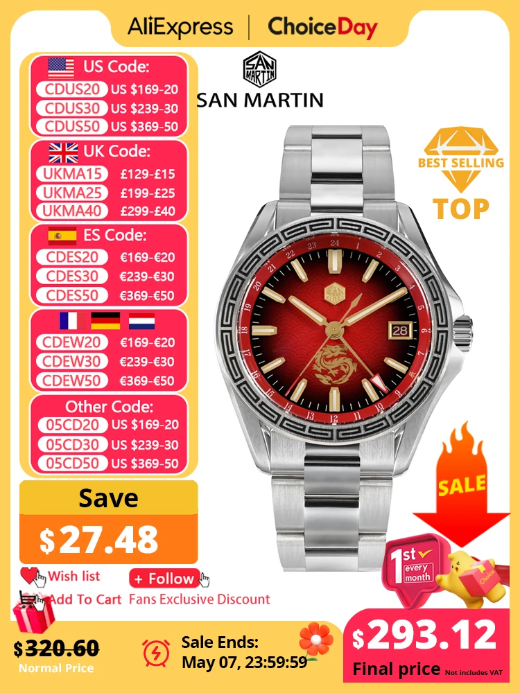 

San Martin 2024 Year of the Dragon Limited Chinese Style 39mm Men Watch NH34 GMT Automatic Waterproof 100m Luminous watch SN0129