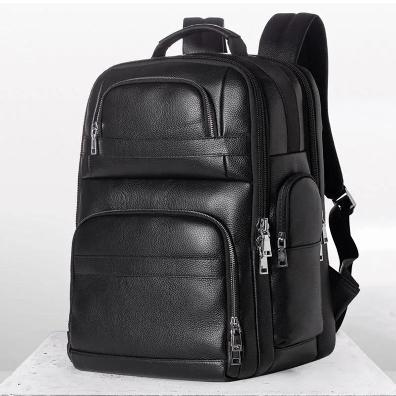 

Genuine Leather Backpack USB charging Men Women Waterproof Black Laptop Daypack Student Schoolbag Big man Travel Rucksack