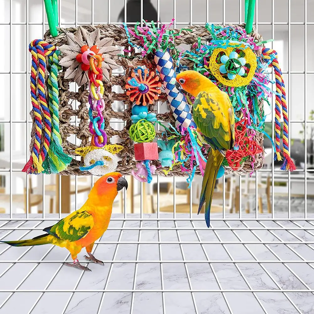 

Bird Foraging Shredding Toys for Parrot Parakeet Seagrass Woven Mat Chew Toys Hanging Hammock Toy for Lovebirds Conures