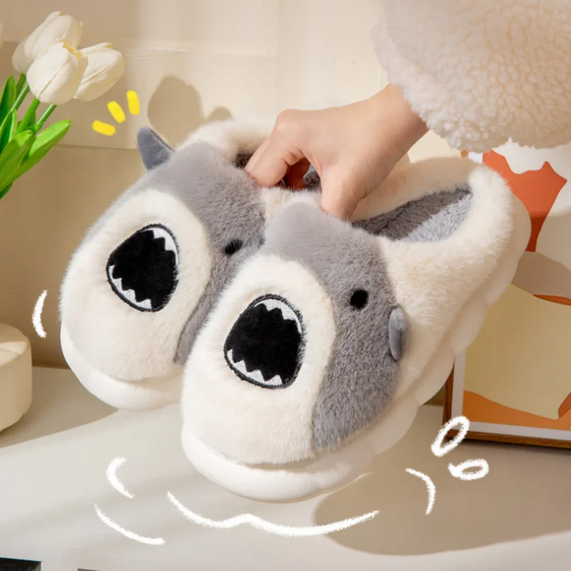 

Shark Slipper Women Winter Warm Anti Skid Indoor Fur Contton Plush Fluffy Lazy Fuzzy Cartoon Cute Kawaii Home House Shoe Female