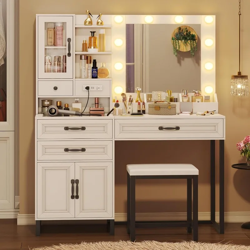Makeup Vanity Desk with Mirror and Lights & Charging Station & Make up Stool, Vanity Table Set
Makeup Vanity Desk with Mirror and Lights & Charging Station & Make up Stool, Vanity Table Set
