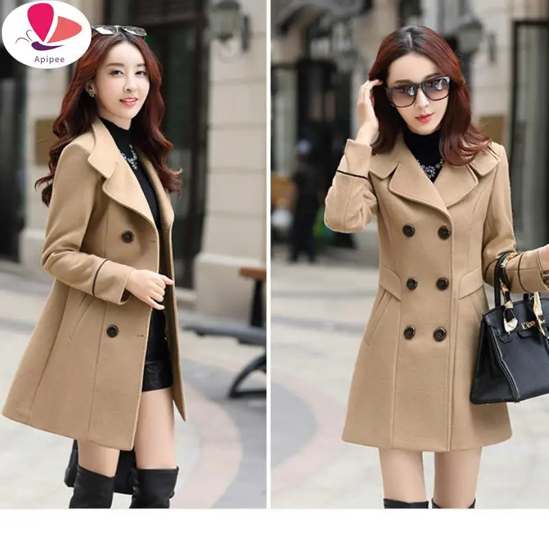 

APIPEE Women's Double-Breasted Slim Solid Wool-Blend Winter Pea Coats Winter Long Coat Women Ropa Mujer Invierno Female Jacket