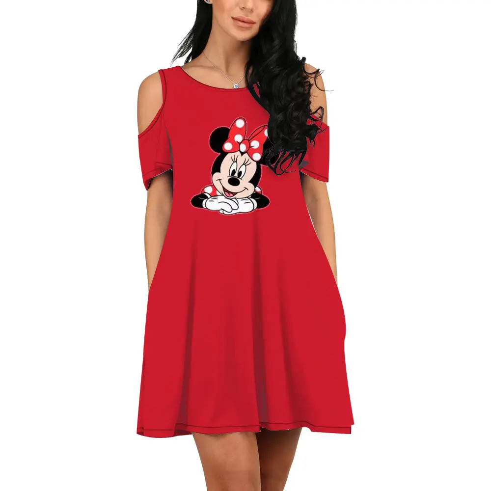 

2022 Streetwear Summer New Arrivals Disney Brand Cute Minnie Mouse Anime Ladies Casual O Neck 3D Print Sexy Off Shoulder Dress