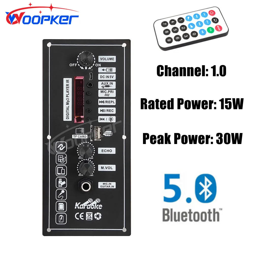

Woopker A803 3.7V Battery Power Amplifier Board AMP Support Bluetooth 5.0 AUX TF-Card U-Disk Mic Input for 4 Ohm 5-8inch Speaker
