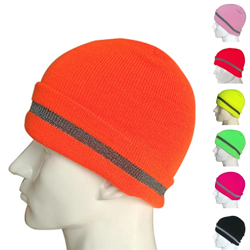 

Bright Color Fireman Reflective Beanie Winter Safety Night Running Knitted Hat Warm Cuffed Hat Pink Yellow Orange Black