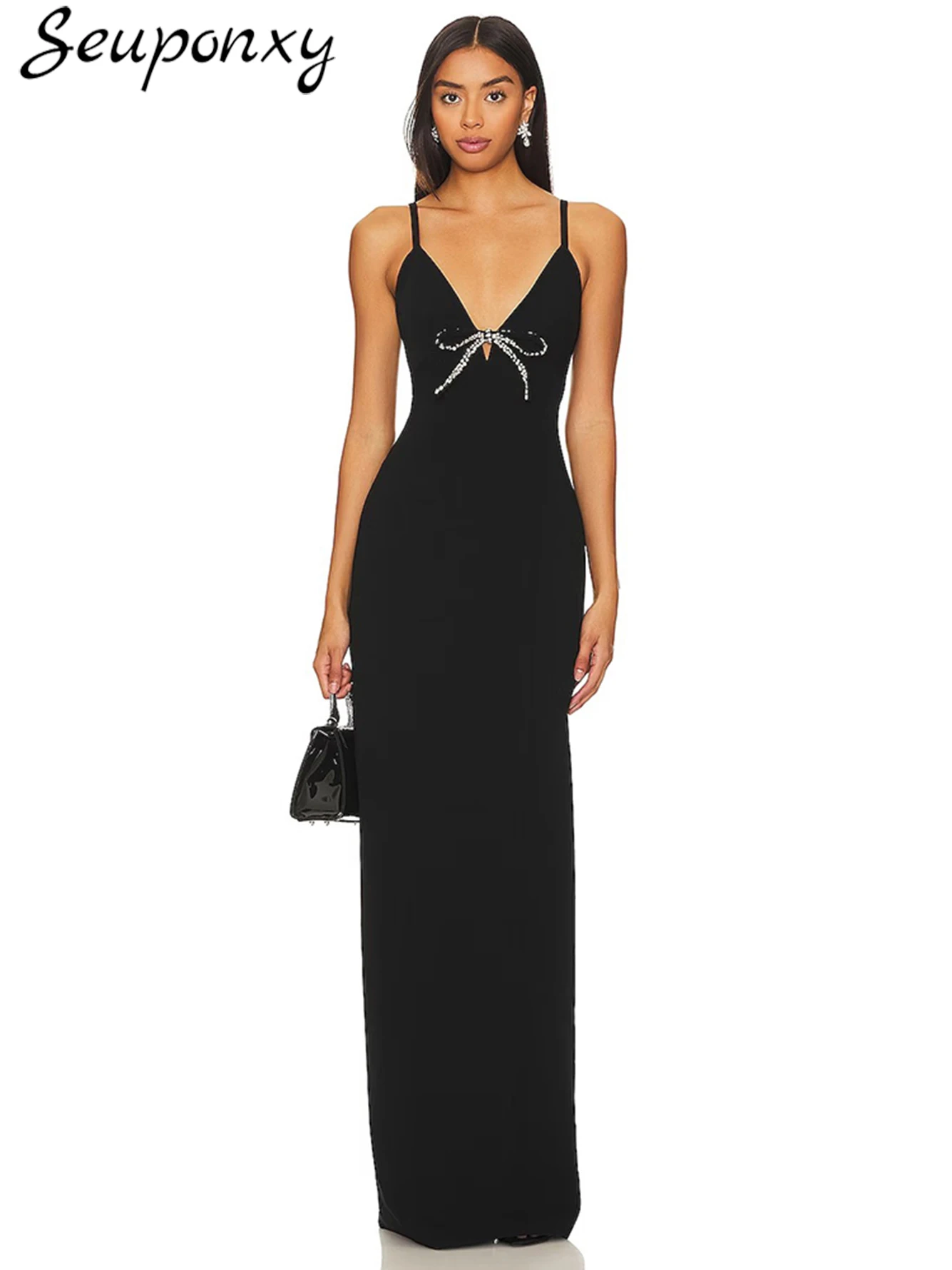 High Quality Women'S Sexy V-Neck Spaghetti Strap Bow Black Bandage Maxi Dress Elegant Evening Celebrity Party Dress Vestidos
High Quality Women'S Sexy V-Neck Spaghetti Strap Bow Black Bandage Maxi Dress Elegant Evening Celebrity Party Dress Vestidos