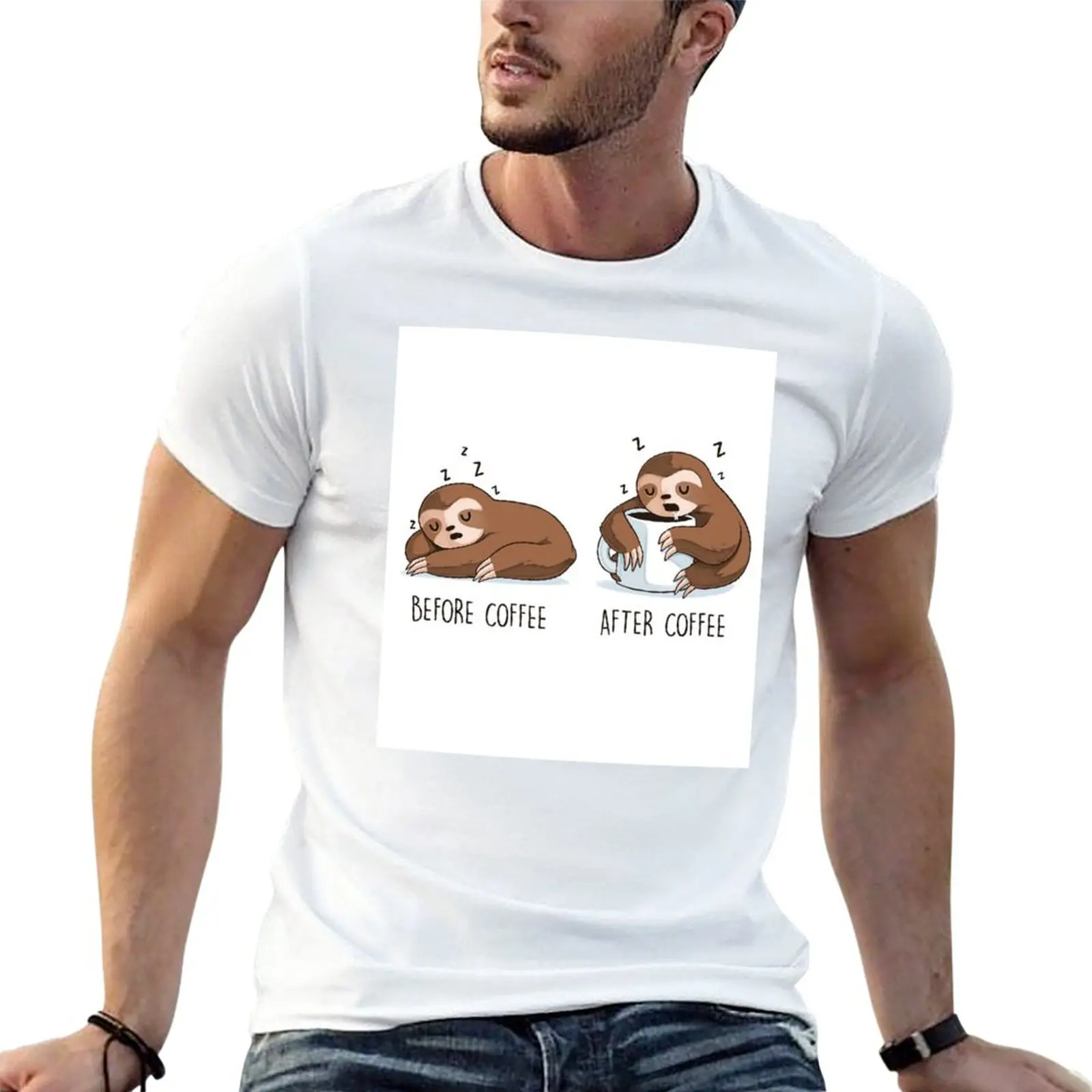 

Before Coffee & After Coffee Funny Lazy Sloth T-Shirt blacks anime clothes kawaii clothes mens graphic t-shirts