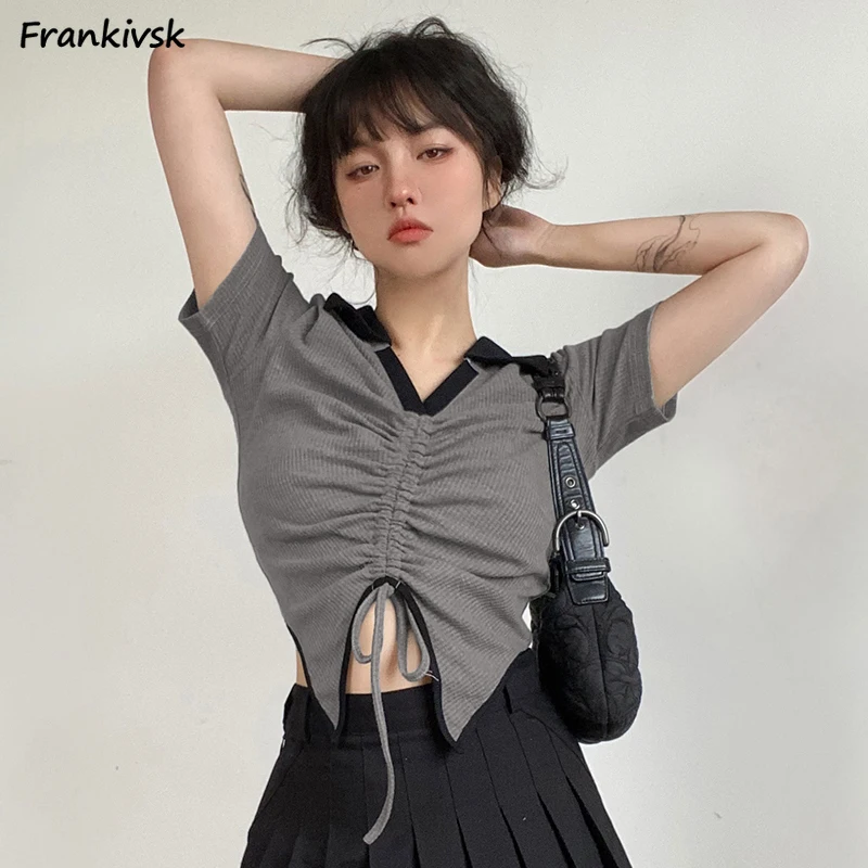 

Pleated T-shirts Women Irregular Contrast Color Spicy Girls Drawstring Summer Hotsweet All-match Fashion Hipster Cropped Chic