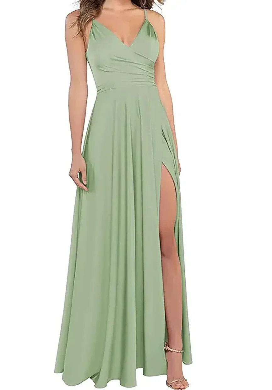 

Mint Green Women's A-Line Bridesmaid Dresses For Wedding Formal Satin Spaghetti Strap Prom Dress Long Side Split Evening GownsA+