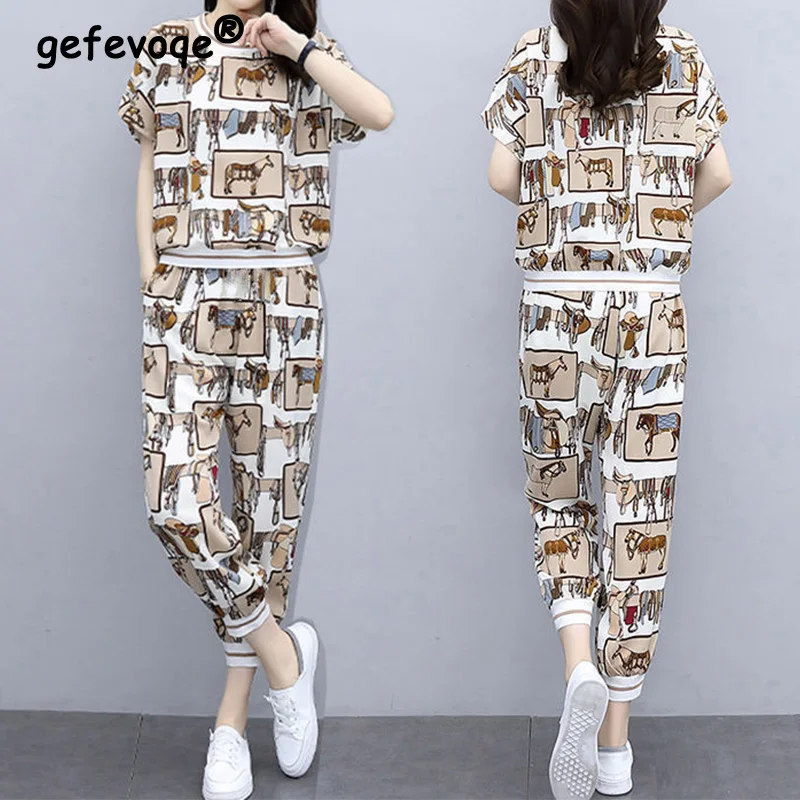 Casual Fashion Printing Screw Thread Pant Sets Summer 2023 O-Neck Short Sleeve T-shirt Elastic Waist Long Pants Women's Clothing
Casual Fashion Printing Screw Thread Pant Sets Summer 2023 O-Neck Short Sleeve T-shirt Elastic Waist Long Pants Women's Clothing