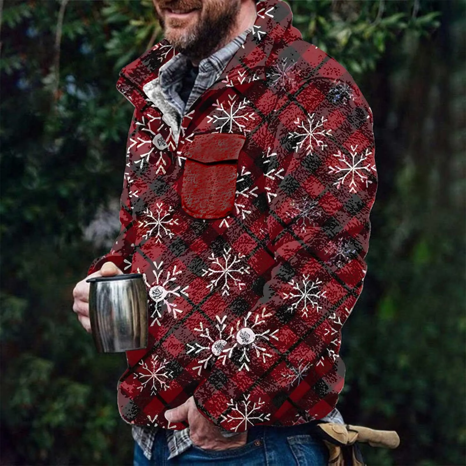 

Рождественские пушистые мужские куртки и пальто, двусторонние флисовые зимние свитшоты с принтом в этническом стиле, утепленные плюшевые толстовки, пуловер