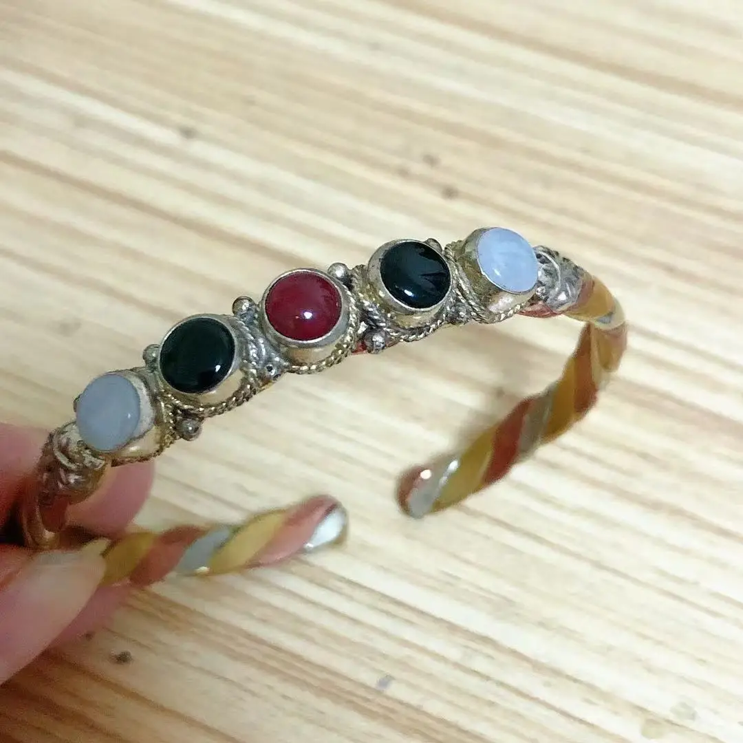 Bracelet Tibétain en Métal Incrusté de Perles Colorées pour Femme, Bijoux en Cuivre, Largeur 6mm, Mince, Dos Ouvert, Manchette, BR003 4