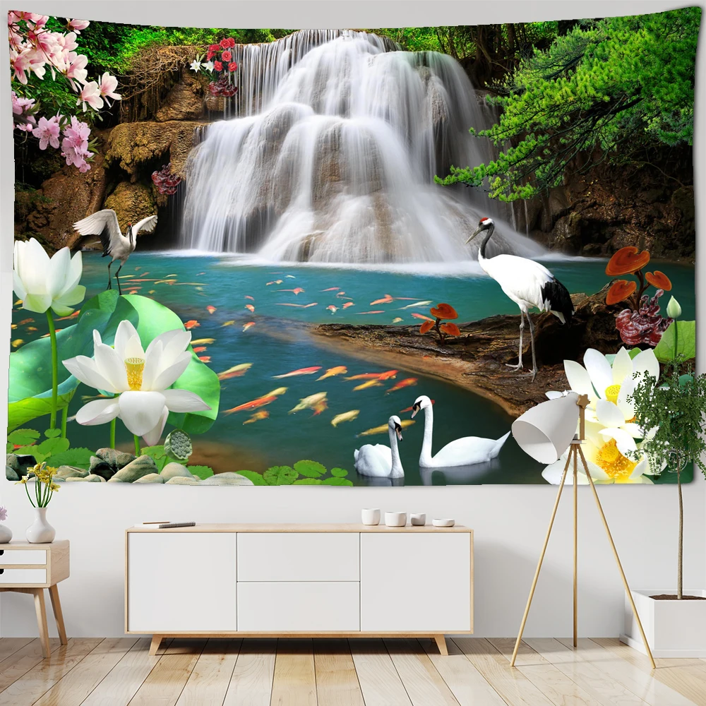 

Nature Landscape Tapestry High Mountain With Waterfall Birds Sunset Flower Wall Hanging for Home Wall Decoration Sheet Blanket