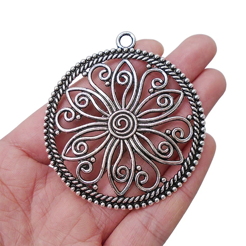 

3 x Tibetan Silver Bohemia Boho Large Hollow Round Flower Charms Pendants for DIY Necklace Jewelry Making Findings Accessories