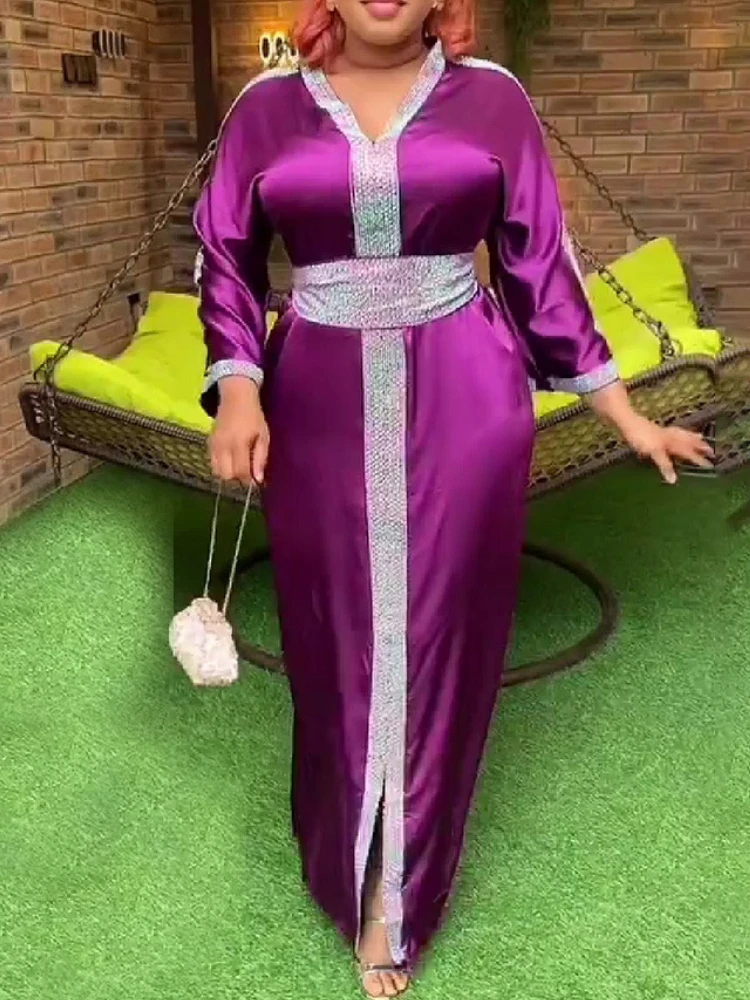 Women Long Silk Party Dress Sparkly Diamonds V Neck Full Sleeve Elegant with Sashes Hot Drill Casual African Female Robes 2023 
Women Long Silk Party Dress Sparkly Diamonds V Neck Full Sleeve Elegant with Sashes Hot Drill Casual African Female Robes 2023