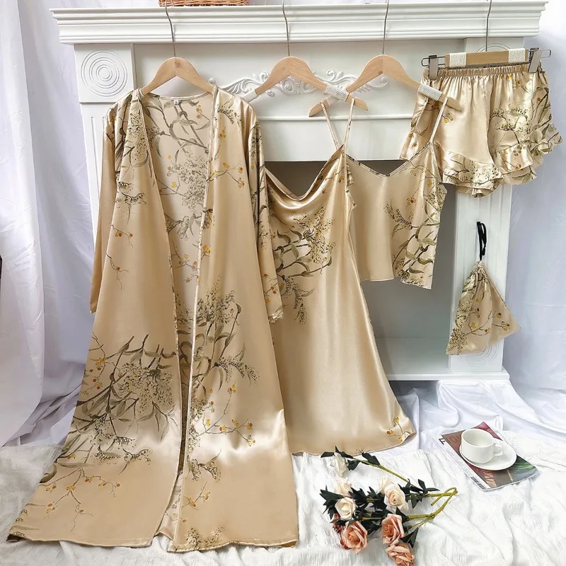 

Luxury Five-piece Set Women Silk Sleepwear Printed Pajama Sets Robe Sling Dresses Shorts Storage Bags Loungewear Lingerie New