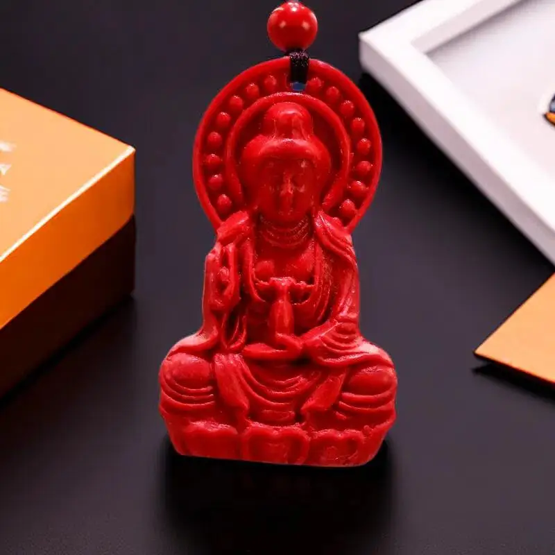 

Подвеска Cinnabar Guanyin для мужчин и женщин, подарок, красный резной аксессуар, дизайнерская винтажная энергичная бижутерия, настоящий драгоценный камень