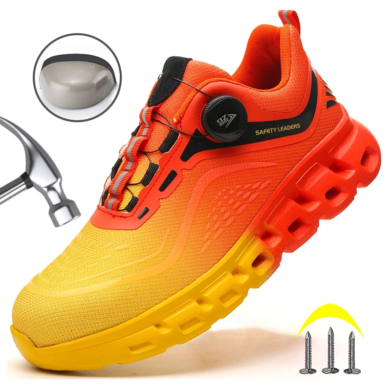 

Защитные ботинки мужские с вращающейся кнопкой, оранжевые рабочие кроссовки со стальным носком, защита от проколов и ударов, защитная обувь