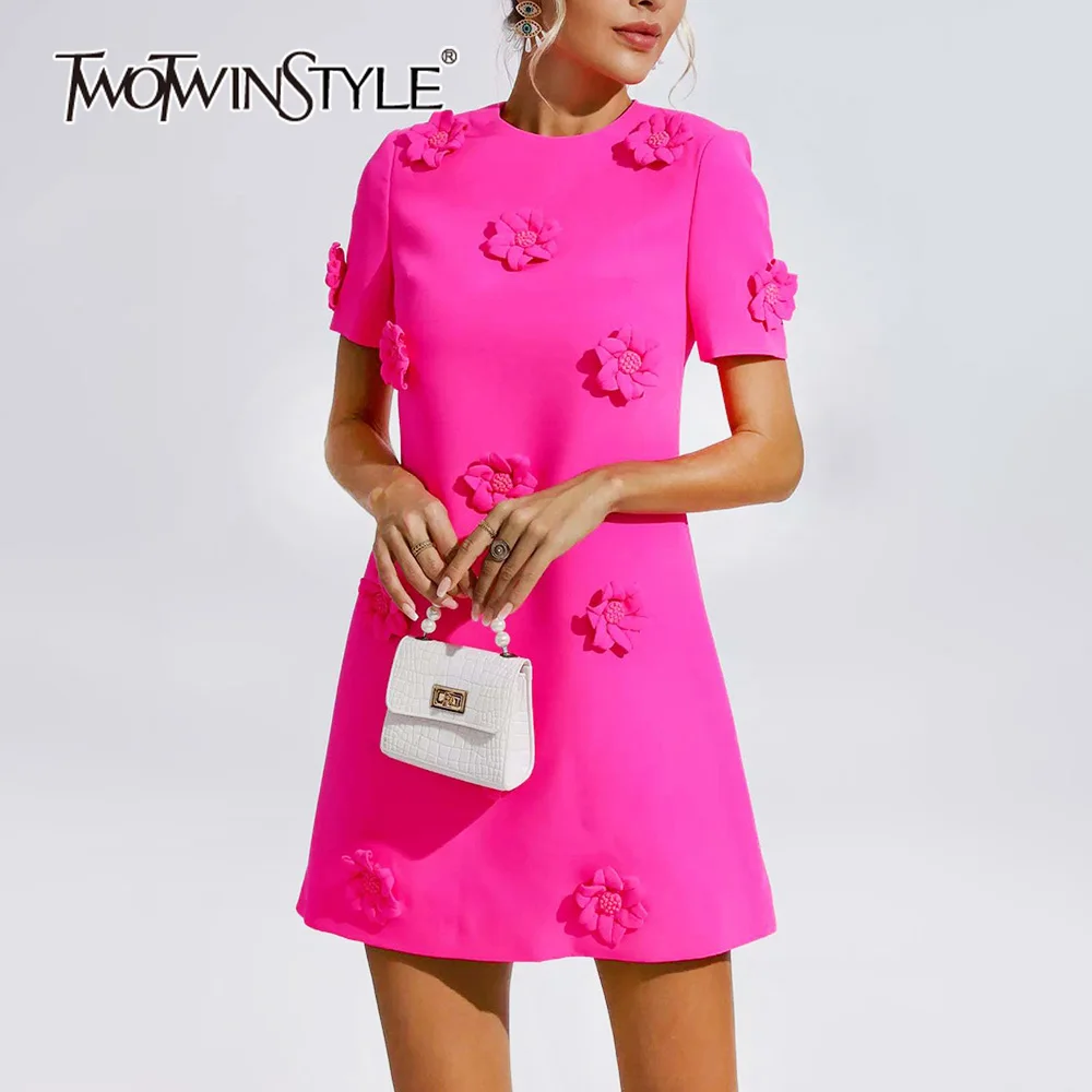 

TWOTWINSTYLE Solid Temperament Dress For Women Round Neck Short Sleeve High Waist Spliced Appliques Elegant Short Dresses Female