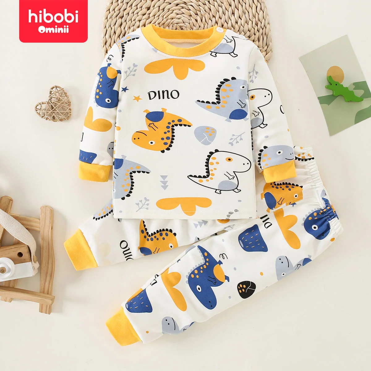 

hibobi 2-Piece Baby Home Clothes Children's Long-Sleeved Cotton Pajamas And Pajama Pants Set Cartoon Cute Little Dinosaur Print