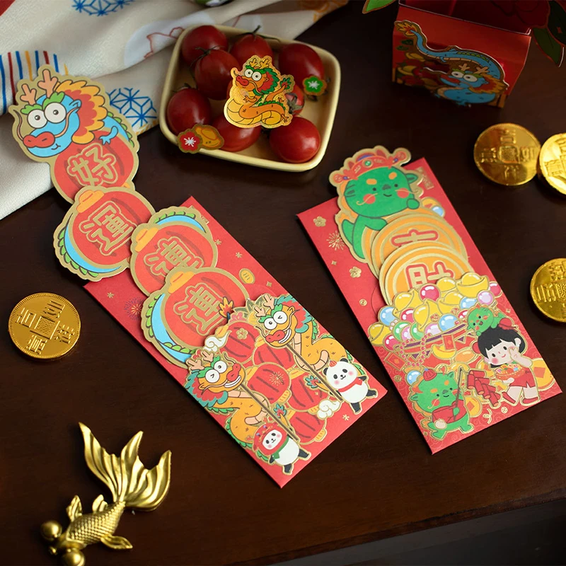 

3 шт. конверт с китайским драконом, красные Мультяшные конверты для денег, пакеты, Весенний фестиваль 2024, карманный подарок на удачу