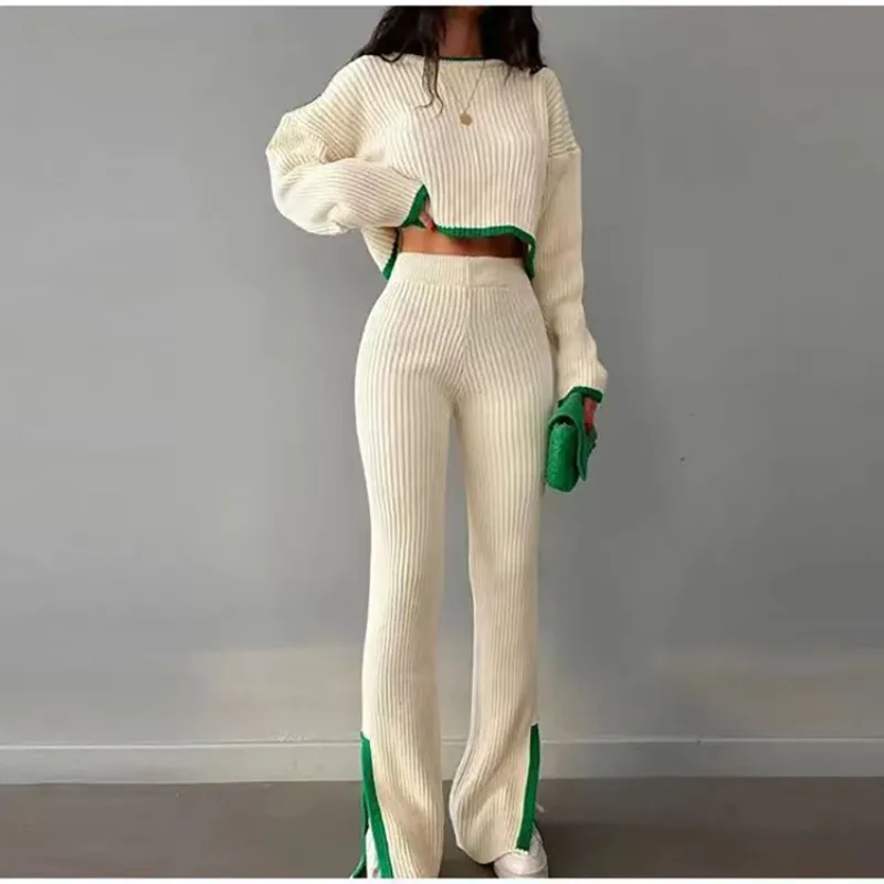 

Color Patchwork Rib Knitted 2 Piece Set Women O Neck Long Sleeve Crop Tops High Waist Split Flare Pants Casual Streetwear Suits