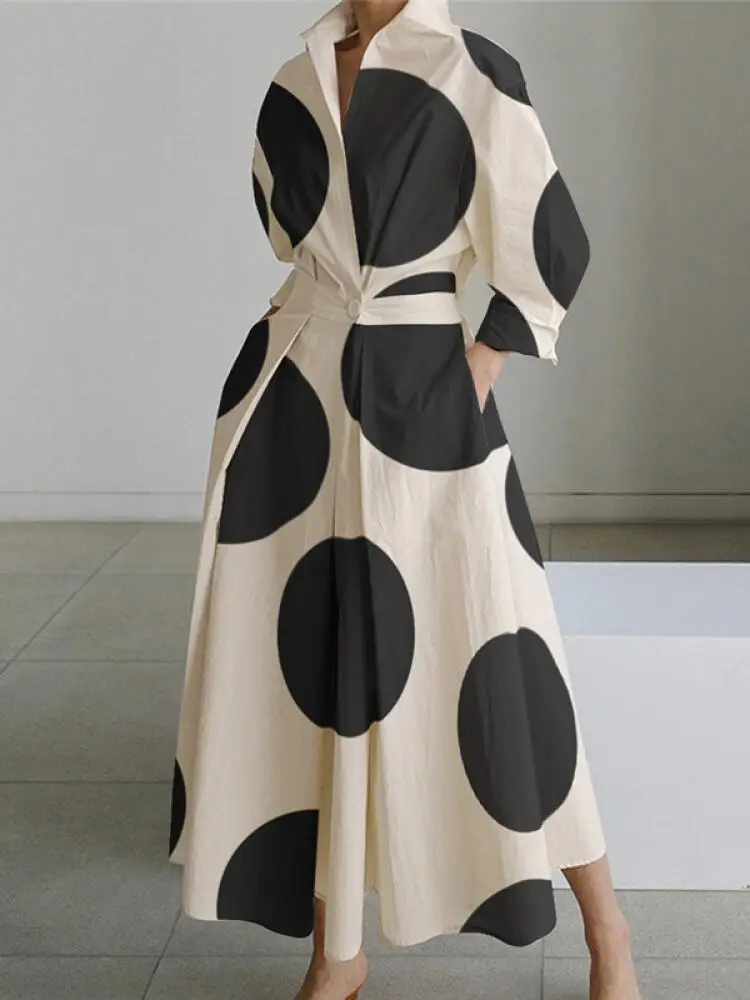 

Uoozee городское женское модное платье в горошек с завязкой на талии, модель 2023 года, демисезонные плиссированные платья средней длины с длинными рукавами и отложным воротником
