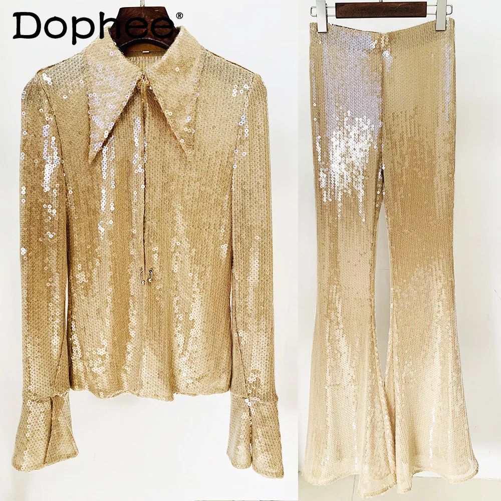 Женский брючный костюм из двух предметов, прозрачная рубашка с блестками и расклешенными рукавами, топ и брюки, 2024
Женский брючный костюм из двух предметов, прозрачная рубашка с блестками и расклешенными рукавами, топ и брюки, 2024