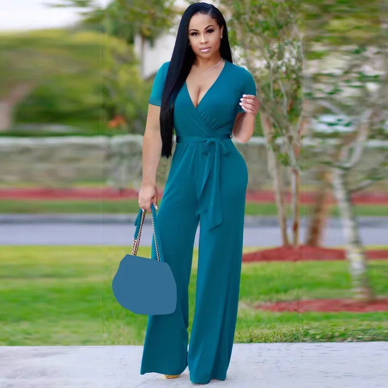 

WUHE Short Sleeve V Neck Casual Women Jumpsuit Summer Loose Wide Leg Stretchy One Piece Overalls Elegant Office Lady Jumpsuits