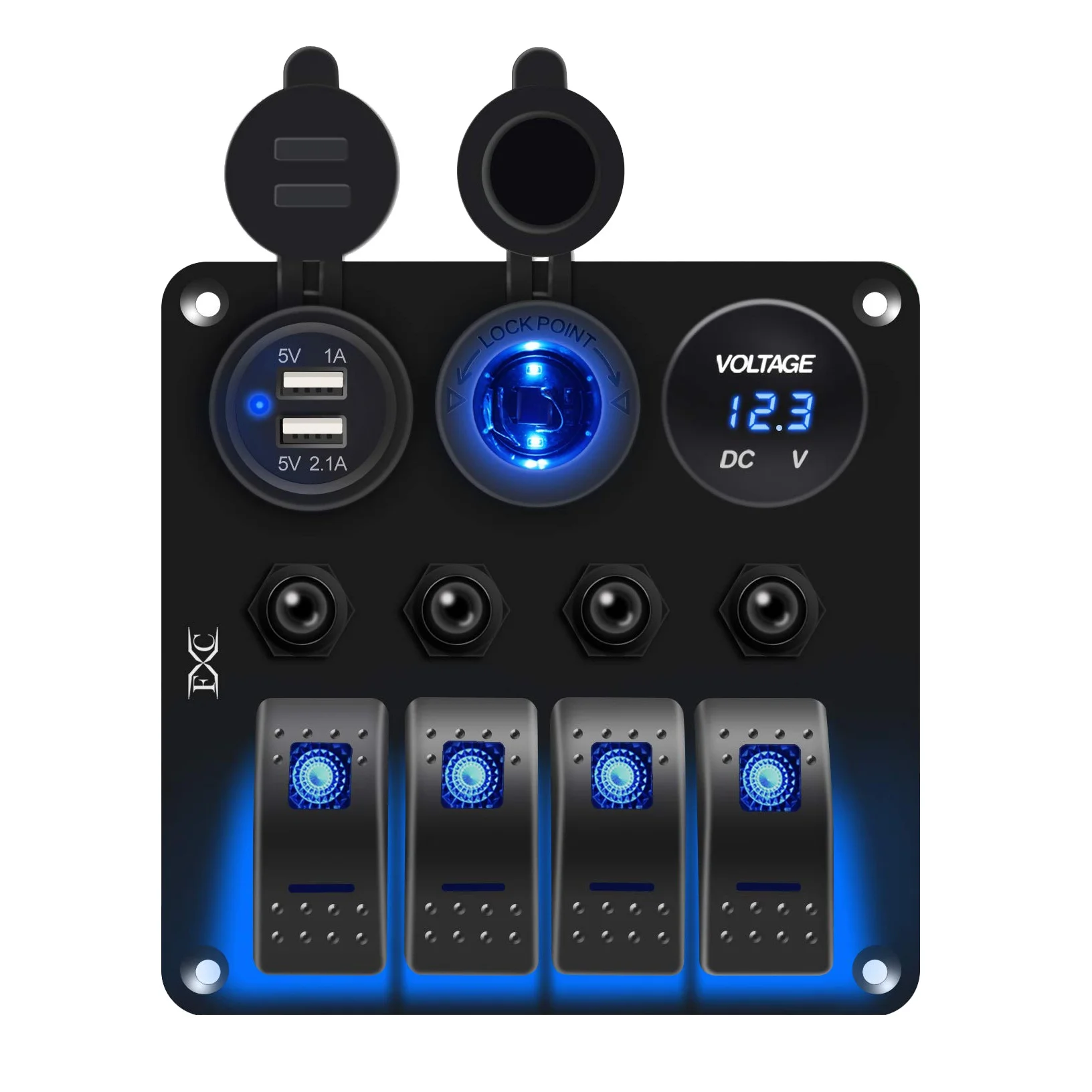 

Waterproof Marine Boat Rocker Switch Panel 4 Gang with 3.1A Dual USB Slot Socket + Cigarette-Lighter +LED Voltmeter