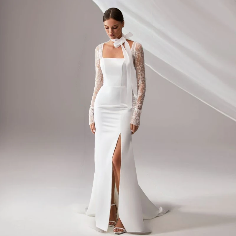 

Elegant Square Neckline Wedding Dresses Graceful Satin Bridal Gowns Thigh Slit Illusion Lace Sleeves Train Vestidos De Novia