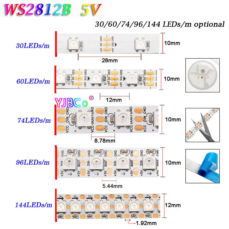 

Светодиодная лента WS2812B Magic pixel IC, Неоновая Гибкая лампа IP30/60/74/96/144 светодиодов/m WS2812, 1 ~ 5 м, 5 В, 5050 RGB, IP30/IP65/IP67