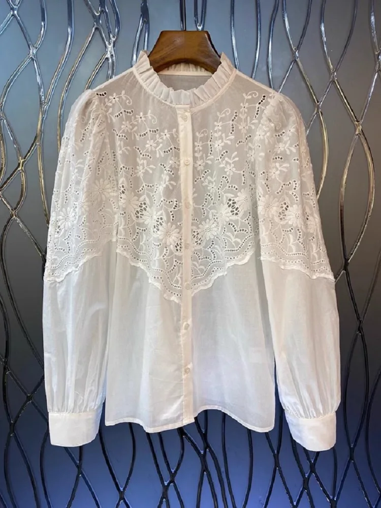 

100%Cotton Shirts 2023 Autumn Fashion Style Blouses Women Hollow Out Embroidery Deco Long Sleeve Casual White Button Shirts OL