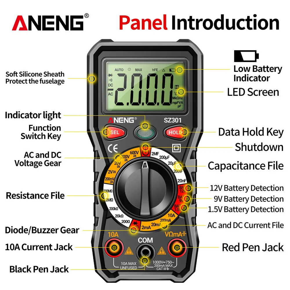 

ANENG SZ301 Digital Multimeter DC AC Votage Current Automatic Tester Electrical Resistance Ohm Ammeter Capacitance Meter