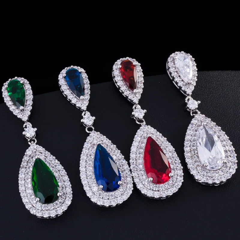 

Stunning White Cubic Zirconia Stone Setting Luxury Water Drop Long Royal Blue Earring Women Party Jewelry