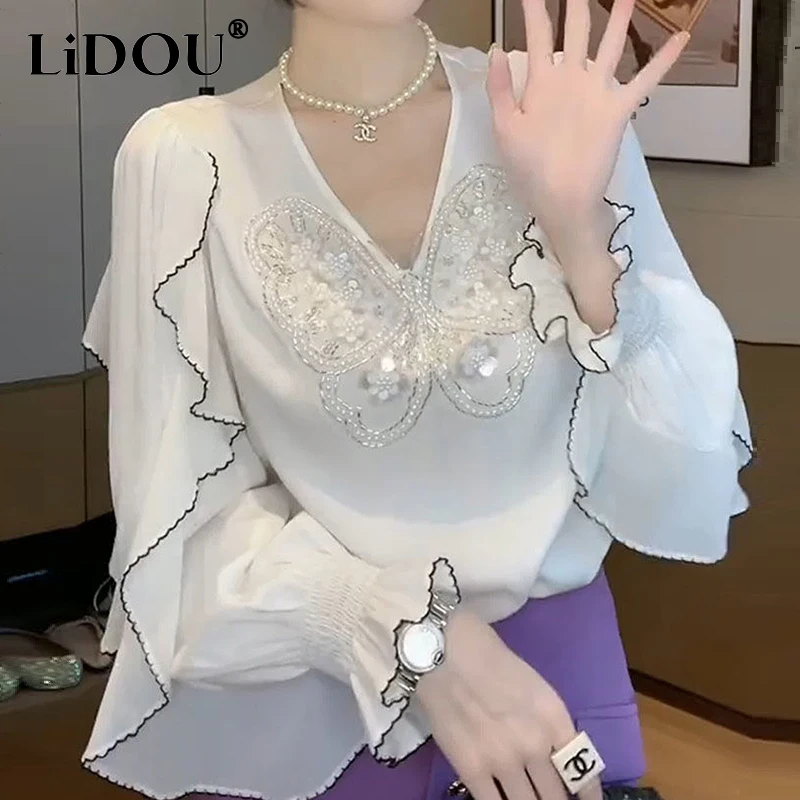 Spring Summer V-neck Butterfly Sequined Ruffles Long Sleeve Shirt Ladies Elegant Fashion Pullover Blouse Women's Clothing Top
Spring Summer V-neck Butterfly Sequined Ruffles Long Sleeve Shirt Ladies Elegant Fashion Pullover Blouse Women's Clothing Top