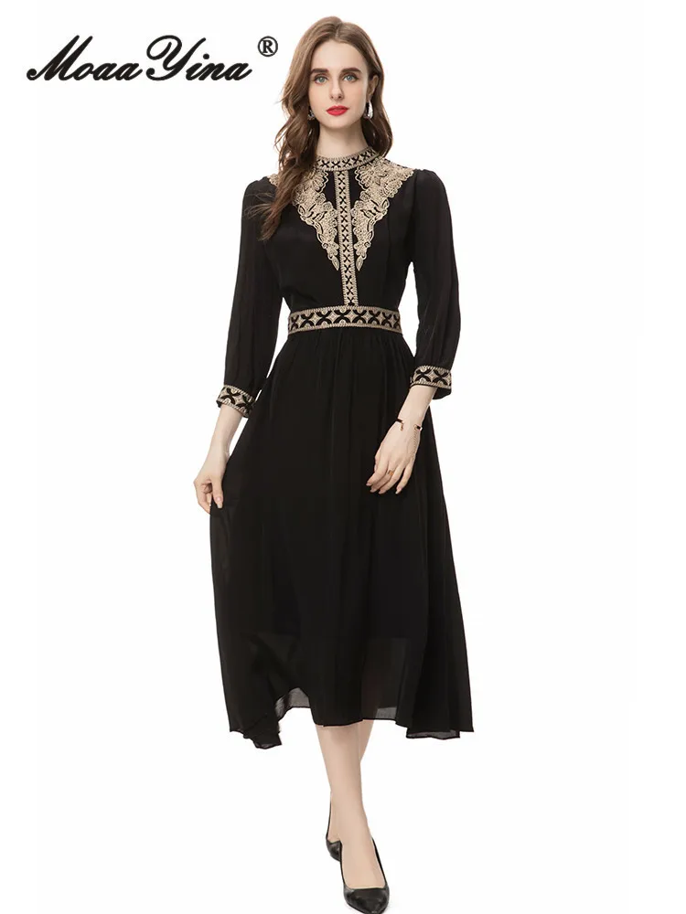 

Женское платье с вышивкой MoaaYina, модельное винтажное платье с оборками и О-образным вырезом, длиной до середины икры и рукавом три четверти, осень