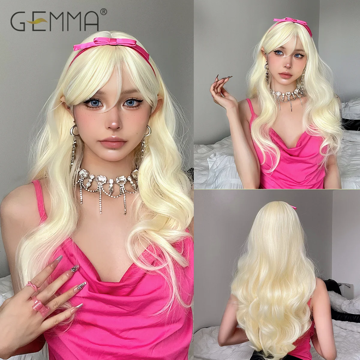 

Synthetic Platinum Blonde Long Wavy Hair Wig with Bangs Cosplay Lolita Natural Wave Wigs for White Women Heat Resistant Hair