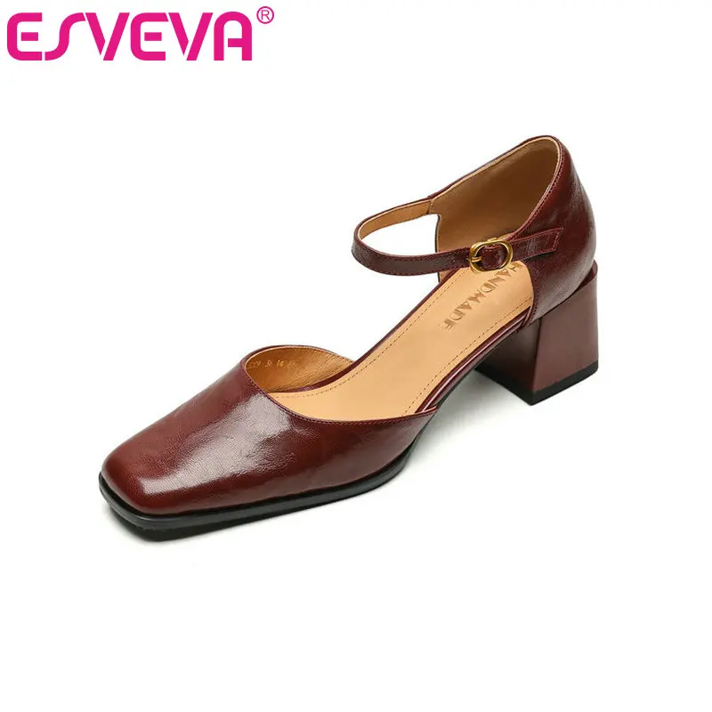 

ESVEVA 2024 Shoes Women Genuine Leather Pumps Mary Jane Square Toe Buckle Med Heel Casual Brown Woman Pumps Size 34-40