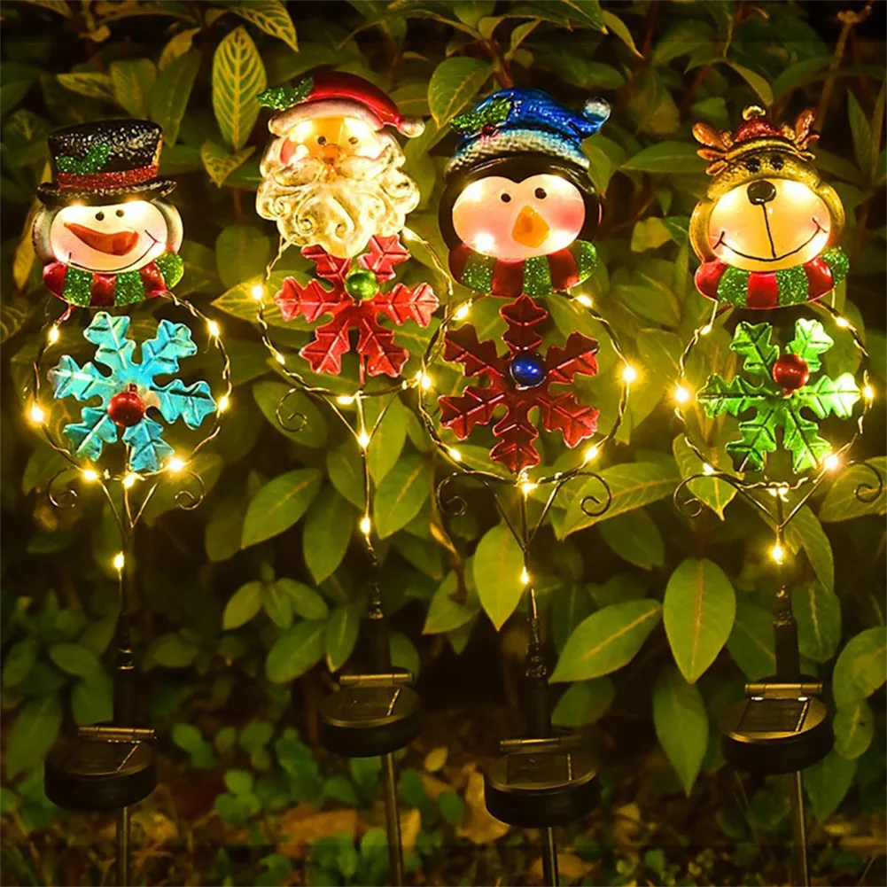 

4pcs Christmas Lawn Lights Set IP44 Waterproof Auto On/off Snowman Santa Elk Penguin Solar Powered Stake Lights For Yard Patio