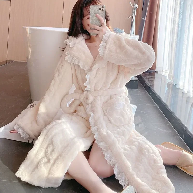 

Winter Robe Women Fleece Long Sleeve Lace Night Dress Pajama Warm Nightgown Sleepwear Kimono Bathrobe Nightdress Robes Homewear