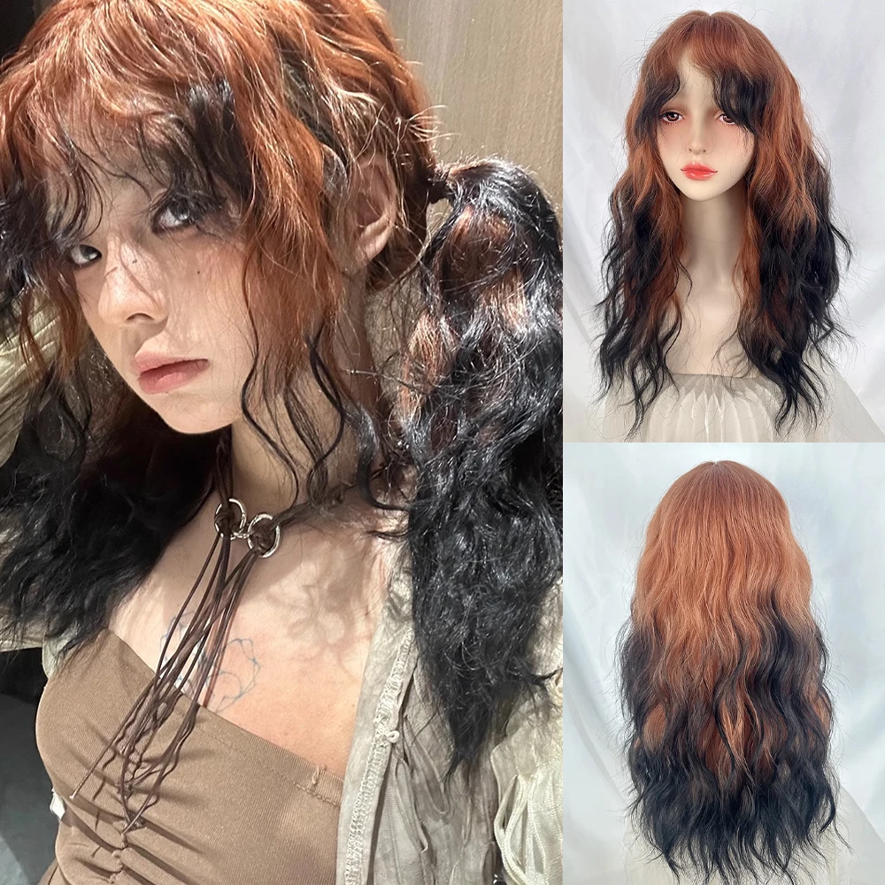 

Synthetic Long Wavy Curly Ombre Orange Black Wig with Bangs Women Lolita Cosplay Fluffy Hair Wig for Daily Party